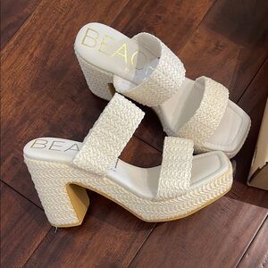 Cream Woven Heeled Sandals
